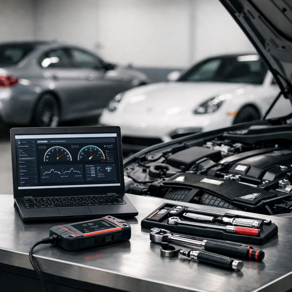 Autohaus Munich specialist technician performing expert German automotive diagnostics and repair work