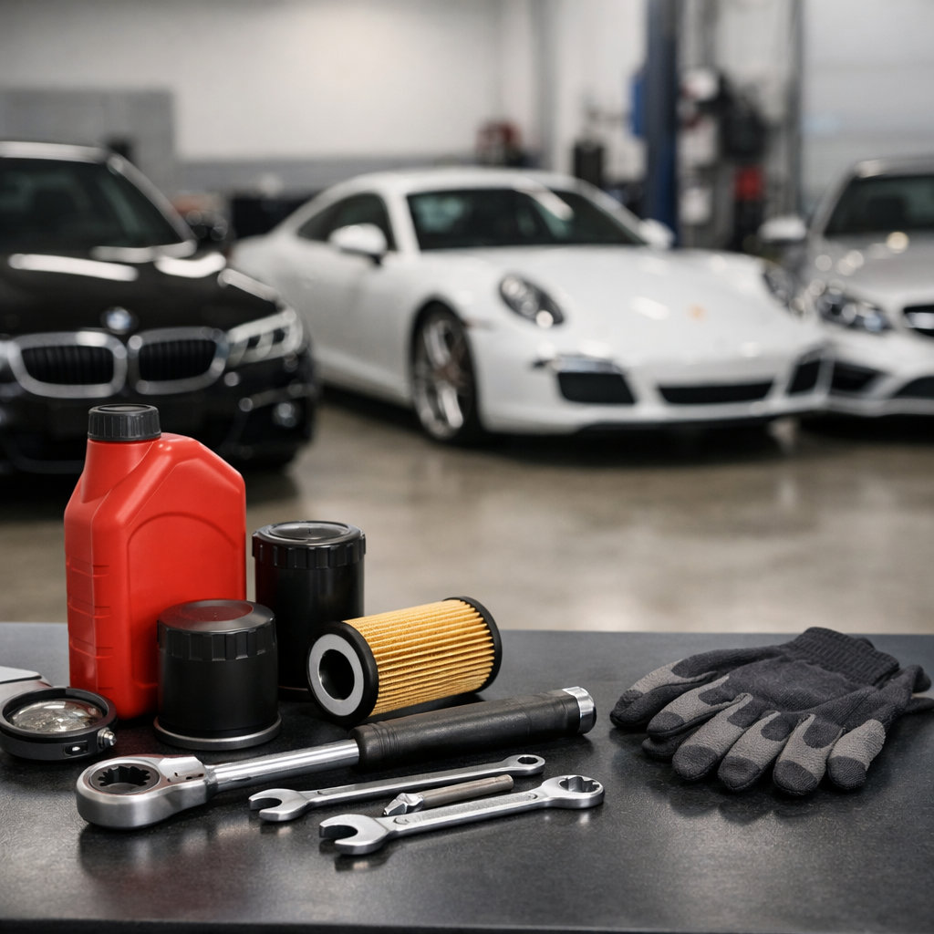 Autohaus Munich professional technician performing routine maintenance on German vehicle with precision tools and quality parts
